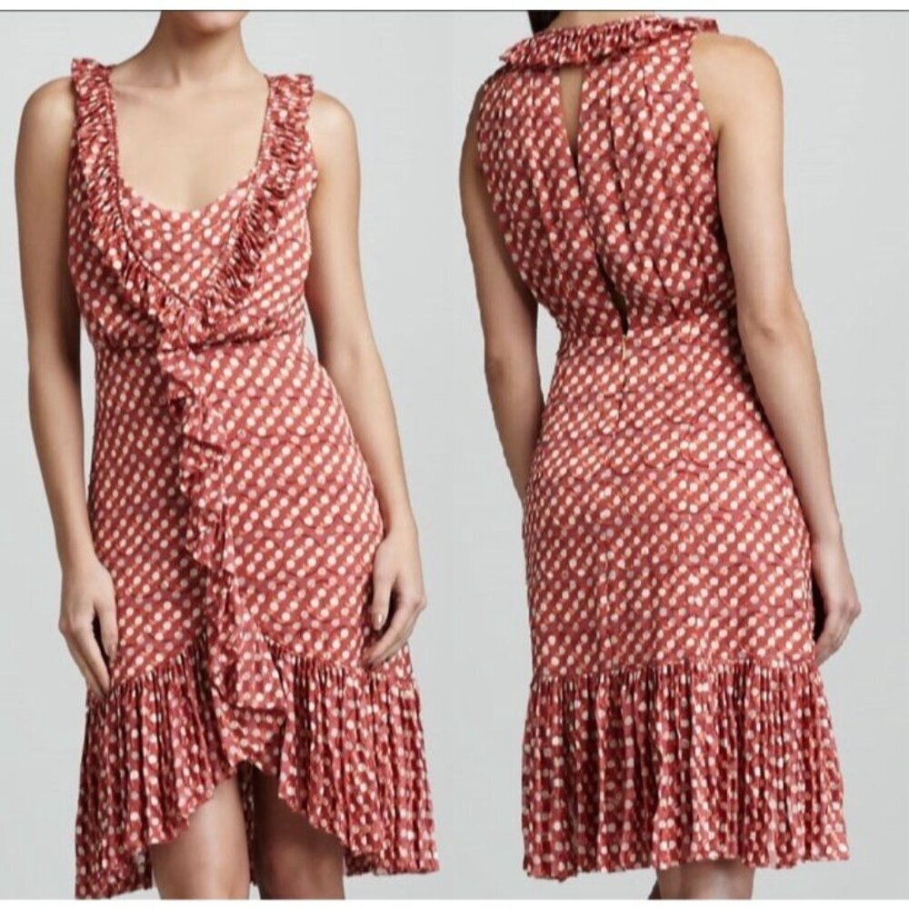 Tory Burch Janetta Silk Blend Sleeveless Dress Sz 6 Ruffle Polk dot Feminine